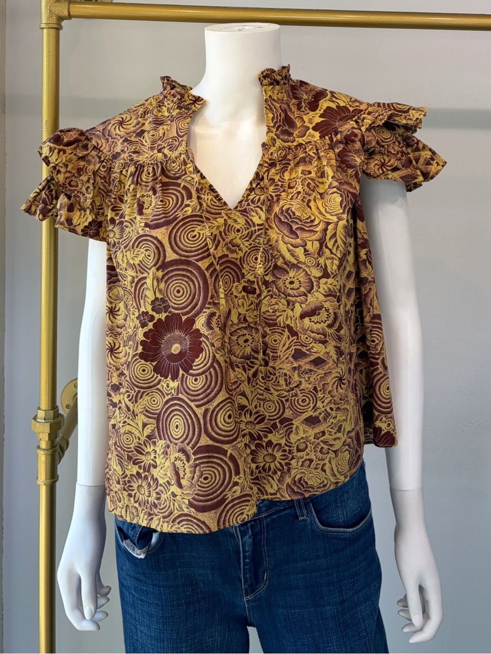 Ulla Johnson Women's Floral Ruffle Sleeve Top - Maroon & Mustard